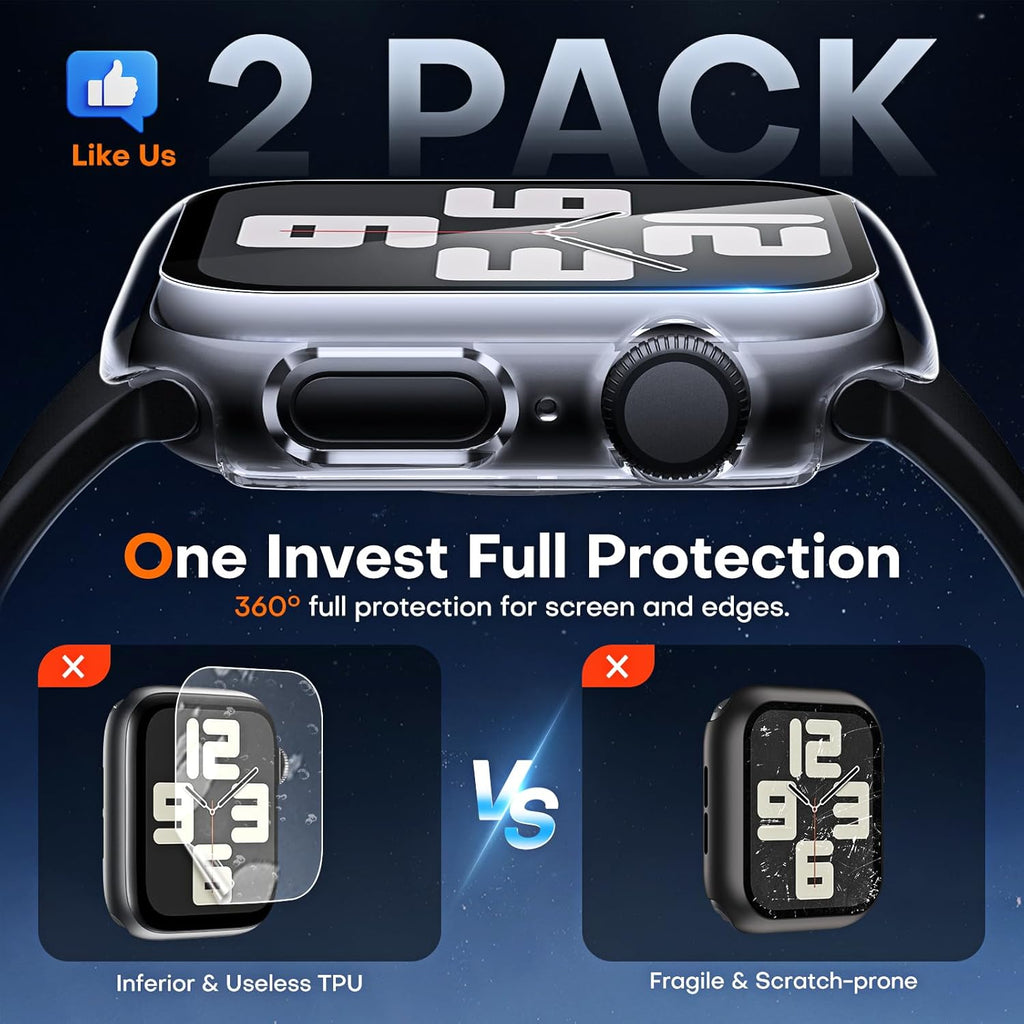 2 Pack Hard Case for Apple Watch Se/Se2/Se3/Series 6/5/4 44Mm, with PC Tempered Glass Screen Protector, Scristant Resistant, Overall Protection Slim Cover for Iwatch S6/S5/S4 44Mm, Clear